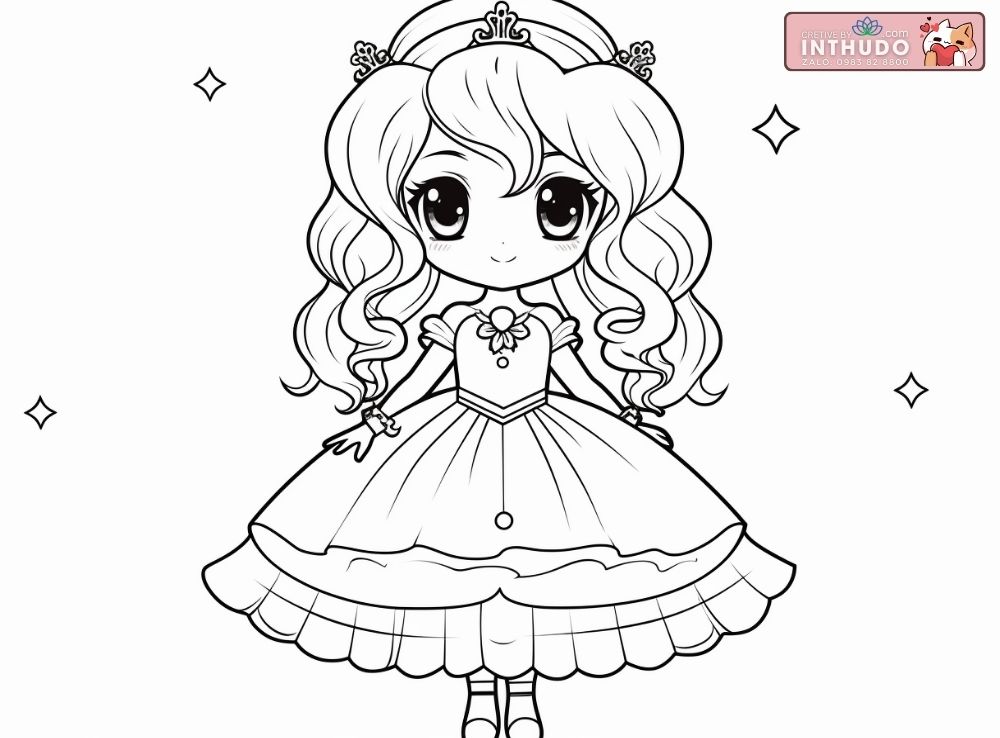 Hình công chúa chibi dễ thương cute đơn giản cho các bé tập tô màu 9
