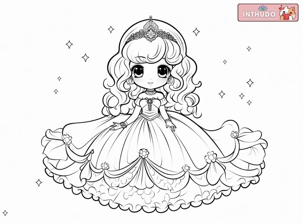 Hình công chúa chibi dễ thương cute đơn giản cho các bé tập tô màu 8