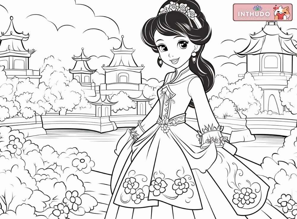 Tranh tô màu công chúa mặc cổ trang Trung Quốc đẹp