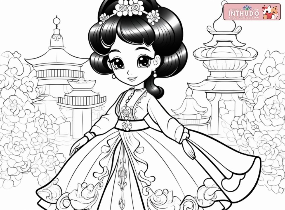 Tranh tô màu công chúa mặc cổ trang Trung Quốc 2